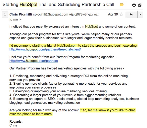 Ejemplo de correo electrónico de participación de HubSpot