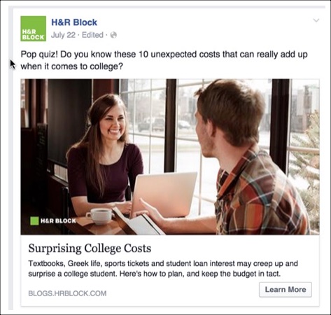 Idea de publicación de Facebook para H&R Block