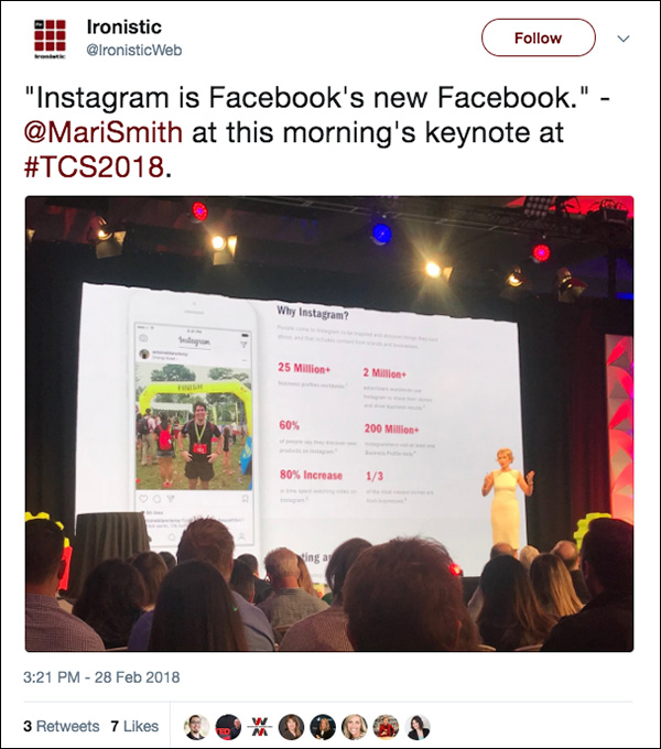"Instagram es el nuevo Facebook de Facebook." ~Mari Smith de su discurso de apertura del Día 3 en Traffic & Conversion Summit 2018
