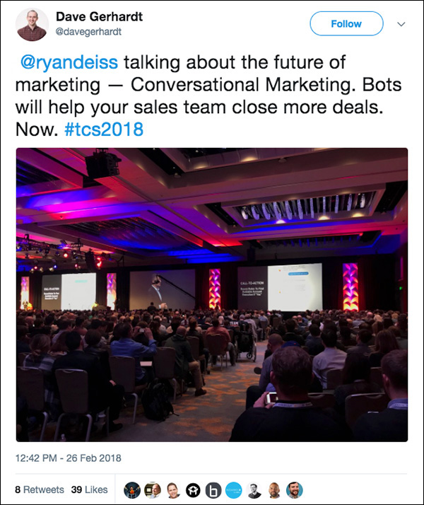 Los bots ayudarán a su equipo de ventas a cerrar más tratos.  Tweet de un asistente a Traffic & Conversion Summit 2018
