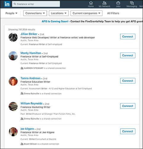 Interfaz de LinkedIn para encontrar personas