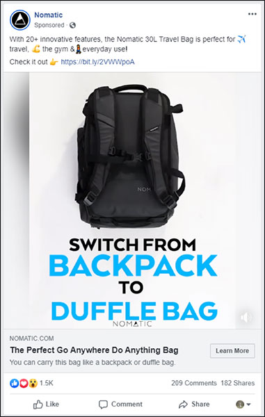 Un anuncio de Nomatic para una mochila que muestra la evolución del marketing