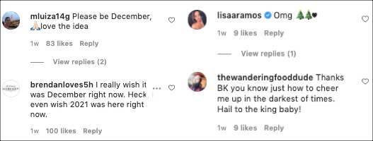 comentarios en la publicación de Burger King sobre cómo la gente desearía que fuera diciembre y cómo esta publicación los animó.