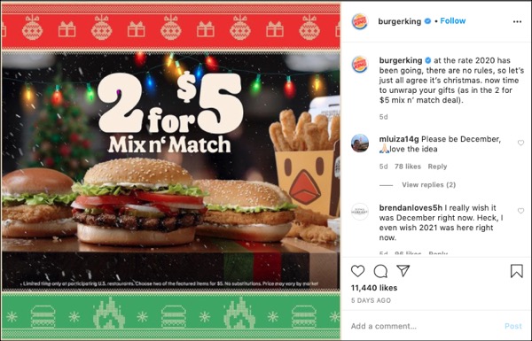 Una publicación de Instagram de Burger King sobre su oferta navideña 2 por $5 mix n' match sale