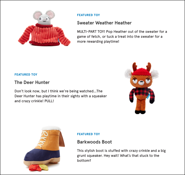 Descripciones de productos de juguetes para perros BarkBox